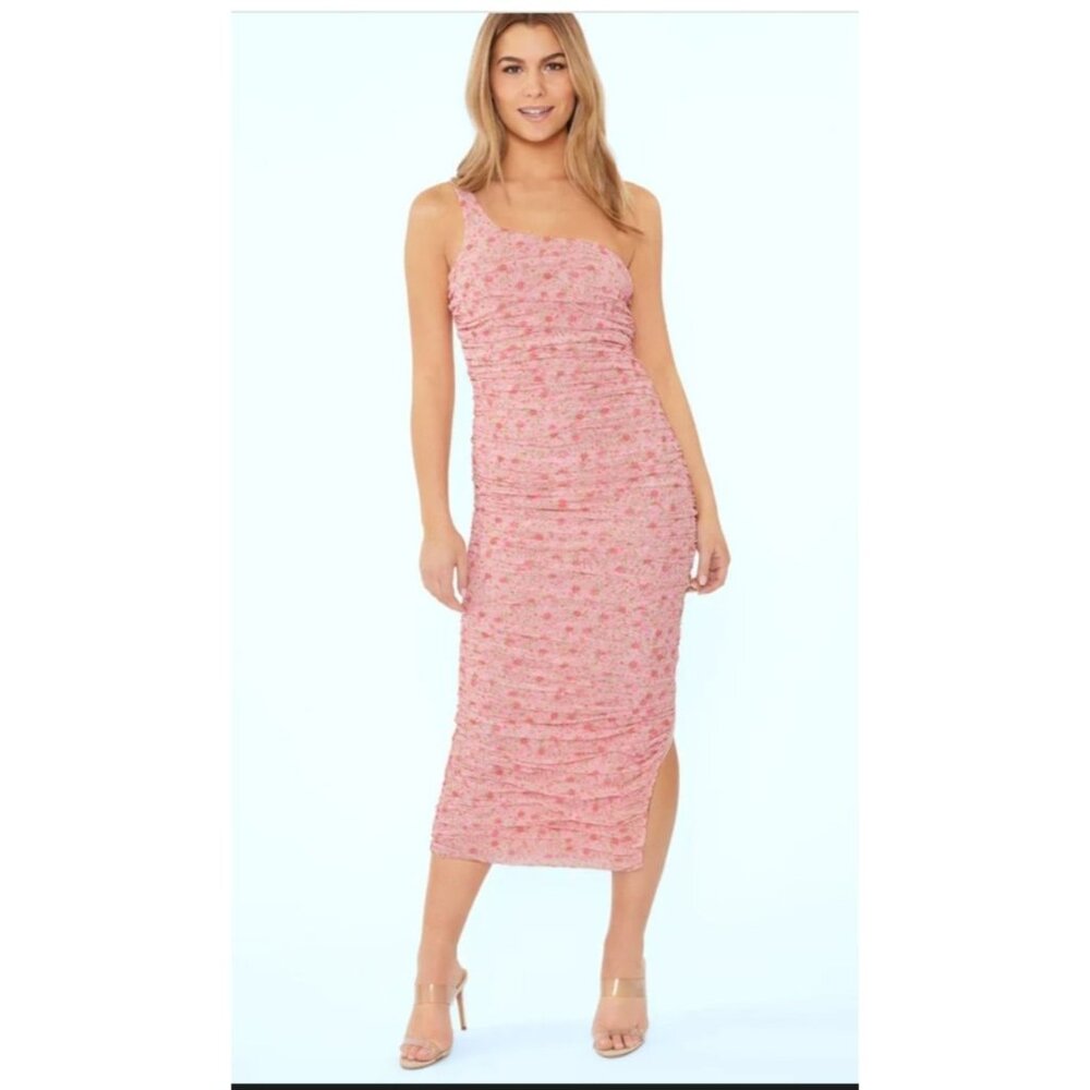 Elegant Womens Pink Floral One-Shoulder Ruched Midi Dress By Likely Size 12 Sexy
